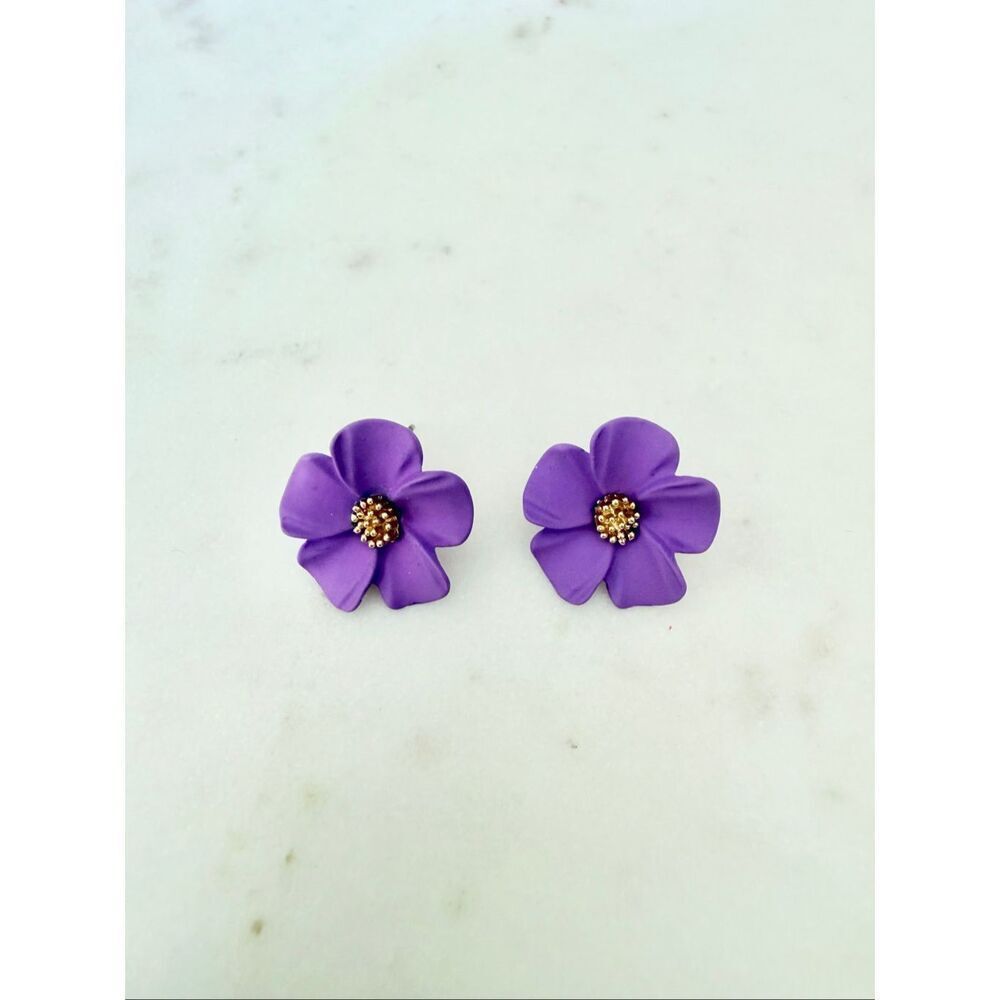 Purple Floral Stud Earrings Gold Center Matte Flower Earrings